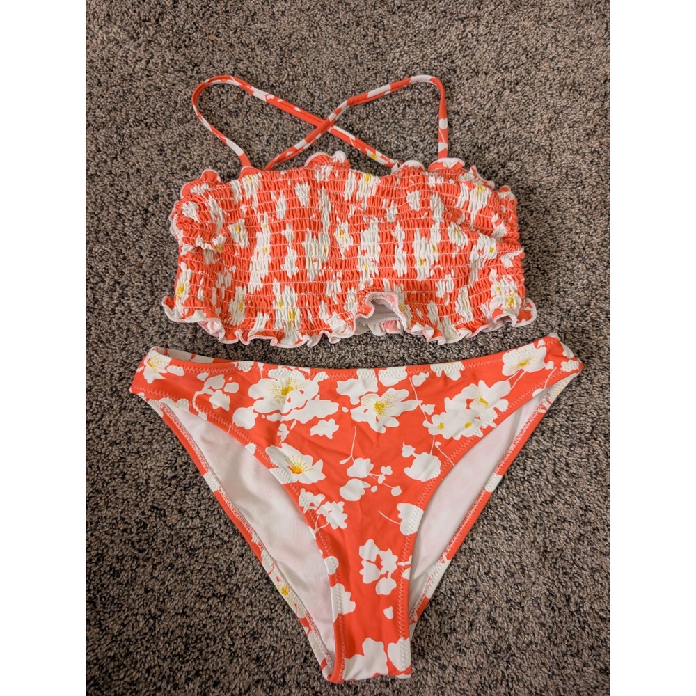Orange Floral Smocked Bandeau Bikini Set Ruffle‎ Trim Two Piece Swimsuit Womens